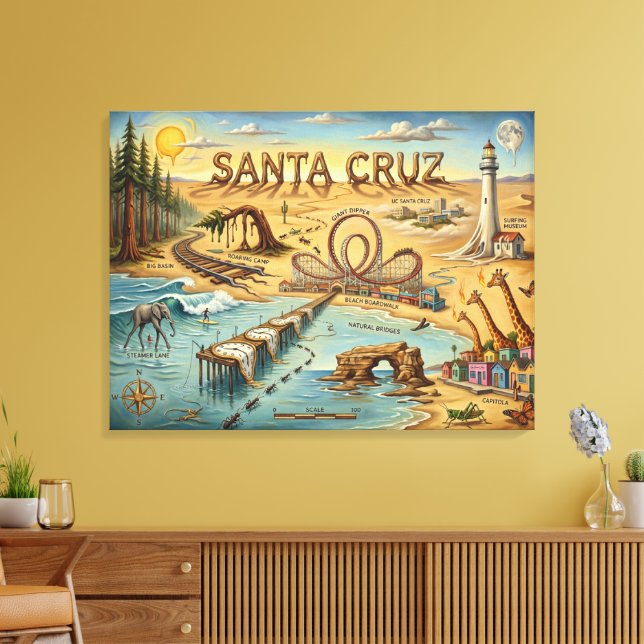 Santa Cruz Pop Art Map – Bold Coastal Landmark Canvastryck (Insitu (Vardagsrum))