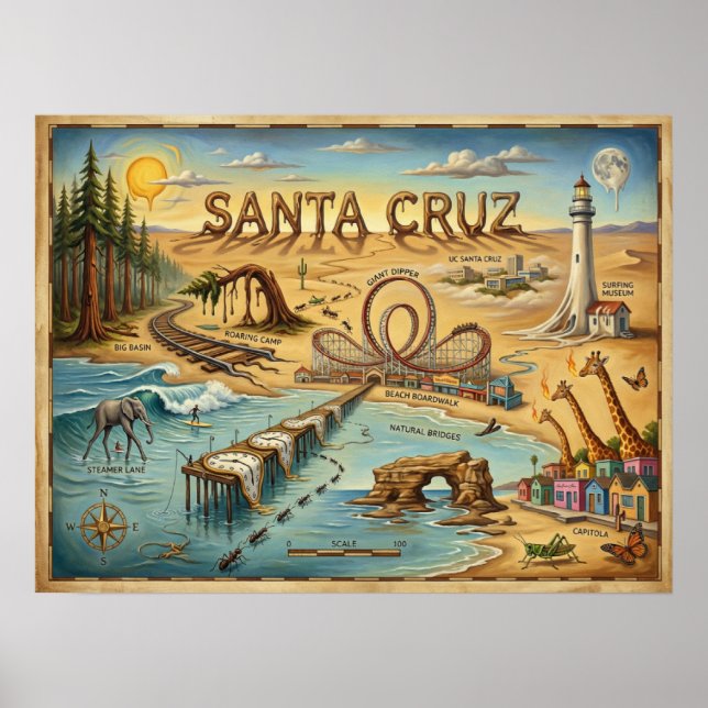 Santa Cruz Pop Art Map – Bold Coastal Landmark Poster (Framsidan)