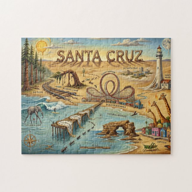 Santa Cruz Pop Art Map – Bold Coastal Landmark Pussel (Horisontell)