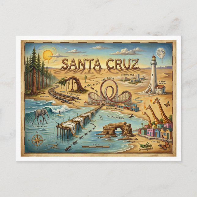 Santa Cruz Pop Art Map – Bold Coastal Landmark Vykort (Framsida)