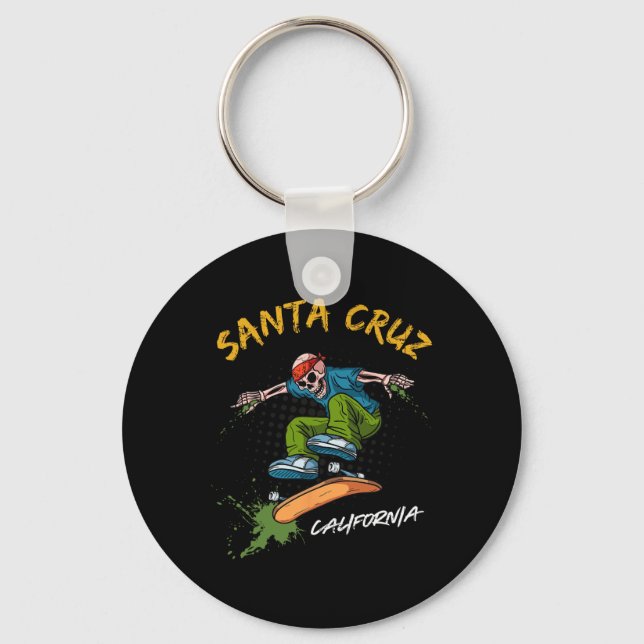 Santa-Cruz Skeleton Skateboard Beach Funny Hallowe Nyckelring (Framsida)