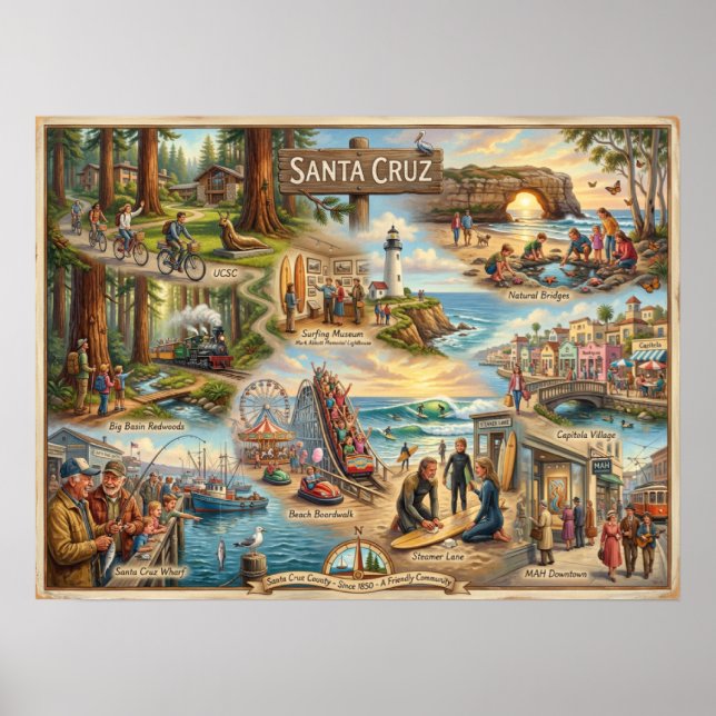 Santa Cruz Vibe Map – Cultural Coastal Art Print Poster (Framsidan)
