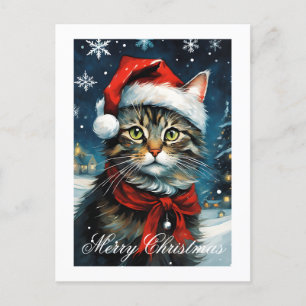 Santa Cute Cat Snowy Winter-jul, Helgdag Helg Vykort