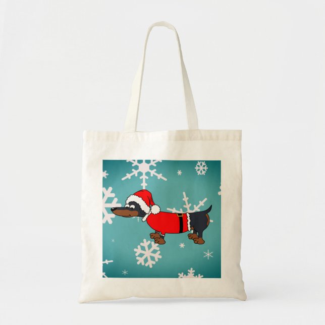 Santa Dachshund Hund Snöflingor budget Tote Bag Tygkasse (Framsidan)
