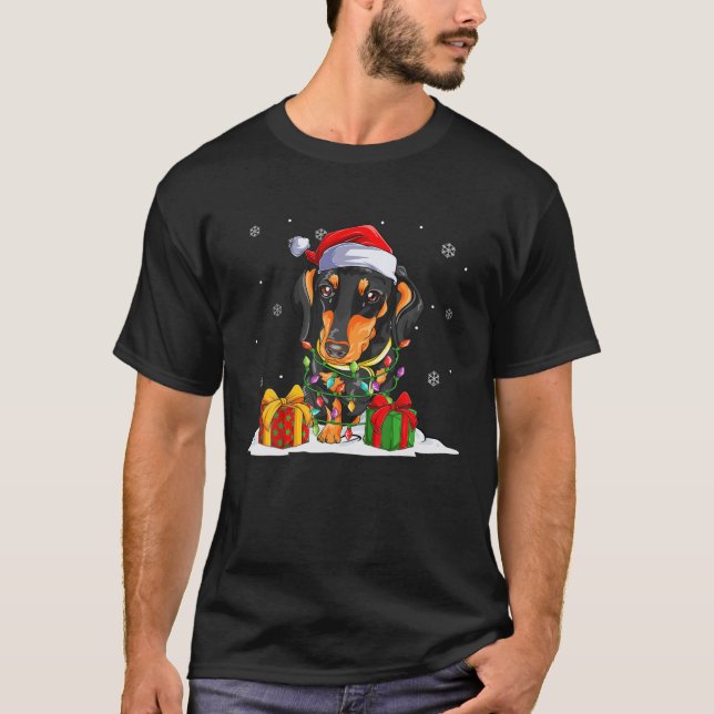 Santa Dachshund jul Ljus Sweater Julafton Hund T Shirt (Framsida)