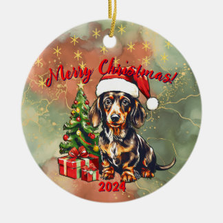 Santa Dachshund Opens Gifts: Julgransprydnad Keramik