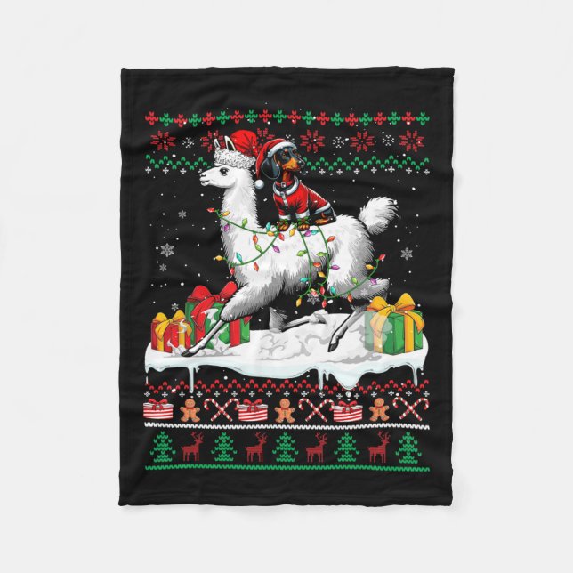 Santa Dachshund Riding Llama jul Sweater Lov Fleecefilt (Framsidan)