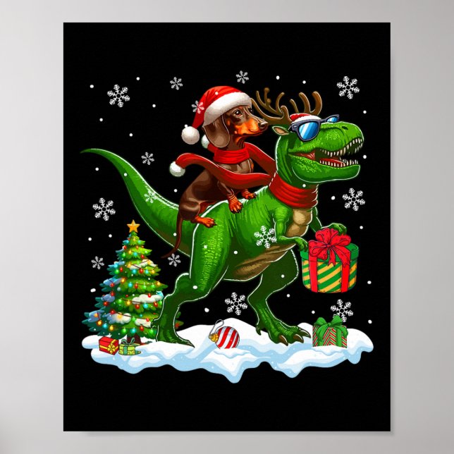 Santa Dachshund Riding Reindeer T-rex jul Ki Poster (Framsidan)