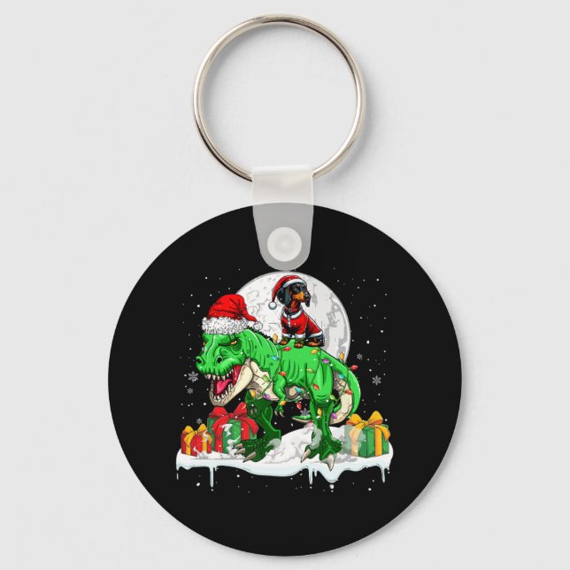Santa Dachshund Riding T-rex julägare Kids Nyckelring (Framsida)