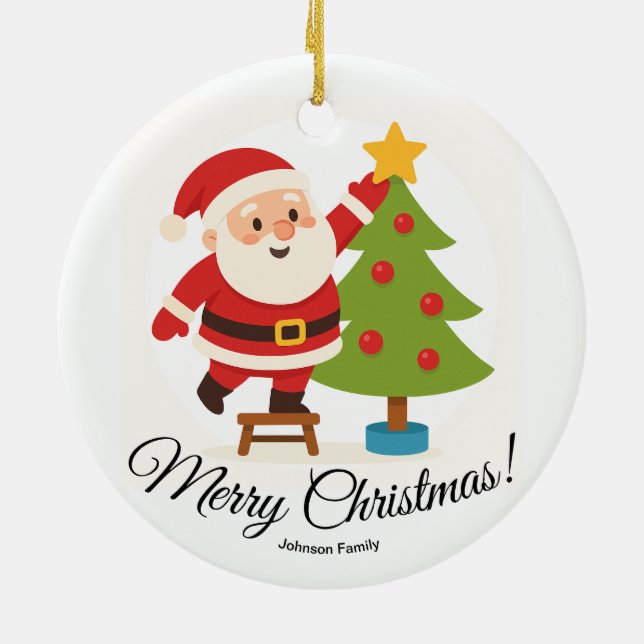 Santa Decorating Tree Personalized Family Name Julgransprydnad Keramik (Baksidan)