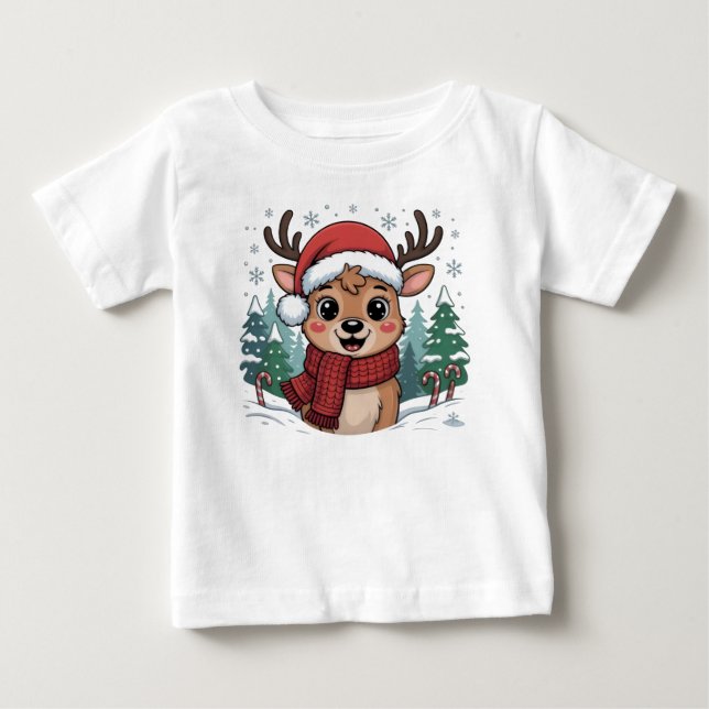 Santa deer Christmas hat scarf tree T Shirt (Framsida)