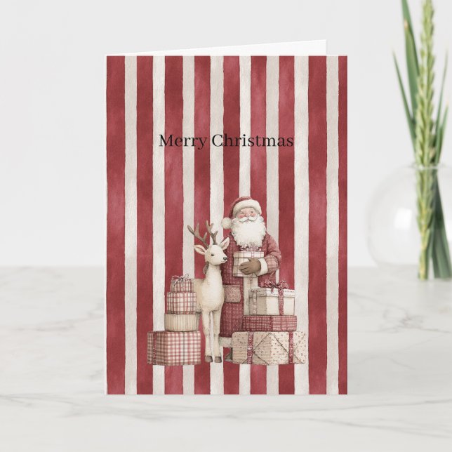 Santa Deer Gifts Red Cream Stripes Christmas    Kort (Framsida)