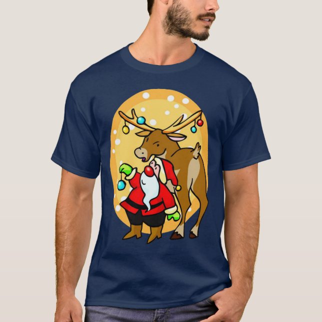 Santa dekorerar Reindeer T-Shirt (Framsida)