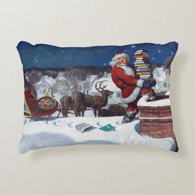 Santa Deliving Bokar vid jul, accent Pillow Prydnadskudde (Framsidan)