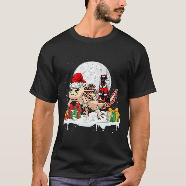 Santa Dobermann Riding Axolotl julägare Kid T Shirt (Framsida)