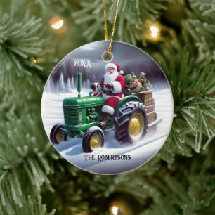 Santa Driving a Grönt Tractor Julgransprydnad Keramik