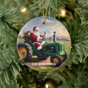 Santa Driving a Grönt Tractor Julgransprydnad Keramik