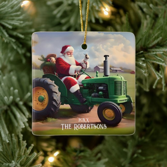 Santa Driving a Grönt Tractor Julgransprydnad Keramik (Träd)