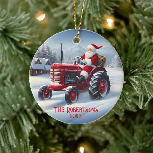 Santa Driving a Red Tractor Julgransprydnad Keramik (Träd)