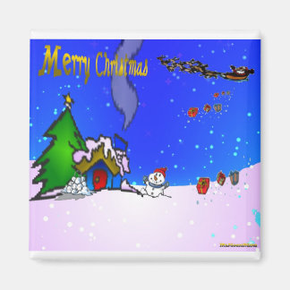 Santa_drops_gifts_by_snögubbe_and_snö_cover_hous_h Magnet