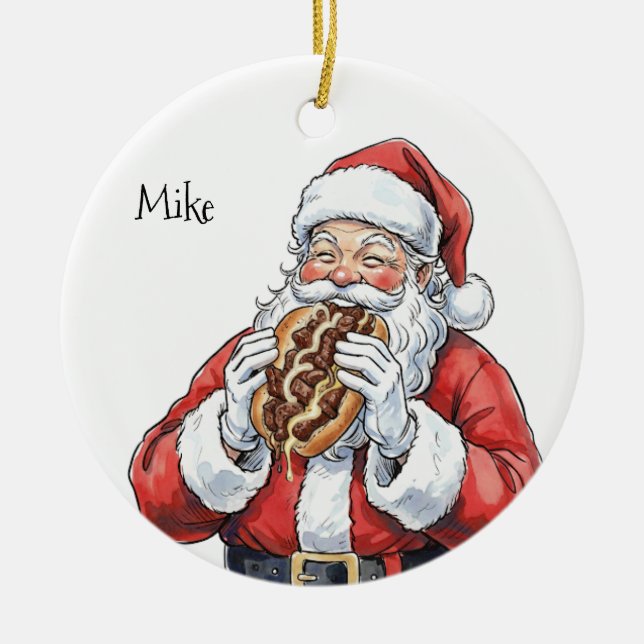Santa eating Philly Cheesesteak Ceramic Ornament (Framsidan)