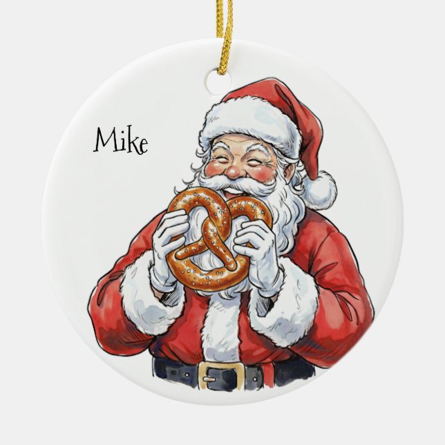 Santa eating Philly Soft Pretzel Ceramic Ornament (Framsidan)