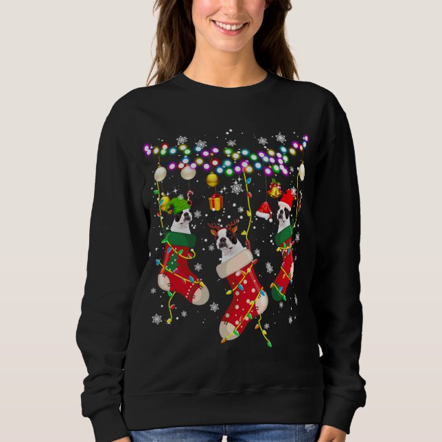 Santa ELF Reindeer Boston Terrier i julsoc T Shirt (Framsida)