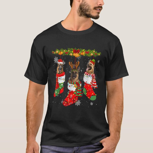 Santa Elf Reindeer German Shepherd Dog Xmas Socks  T Shirt (Framsida)