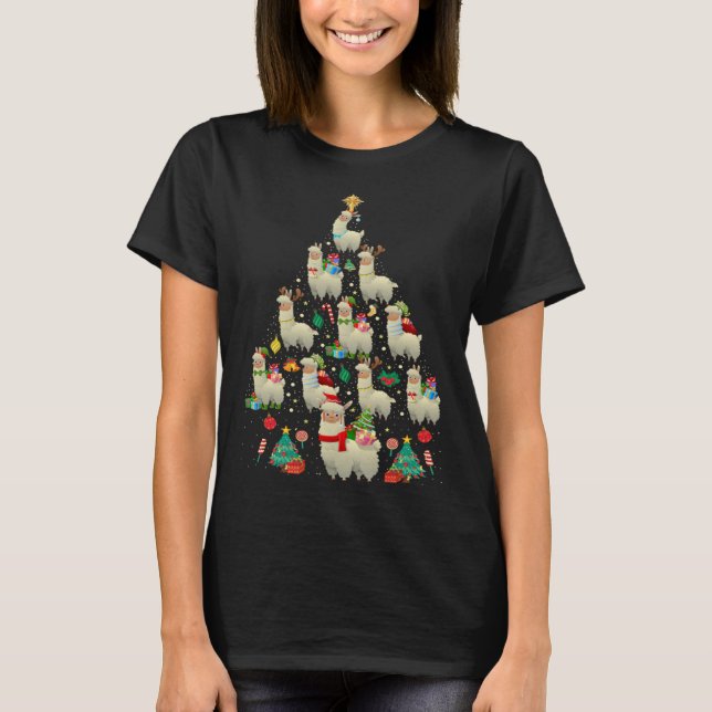 Santa ELF Reindeer Llama Xmas Tree Light Llama T Shirt (Framsida)