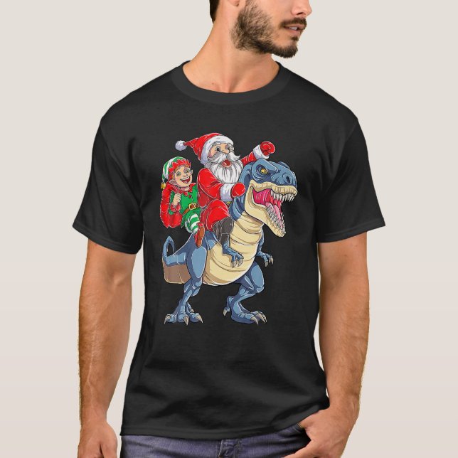 Santa Elf Riding Dinosaur T - Rex jul Boys T Shirt (Framsida)