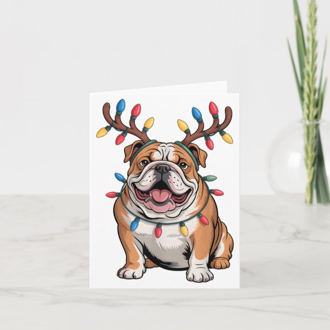 Santa English Bulldog Reindeer Light Christmas  Kort (Framsida)