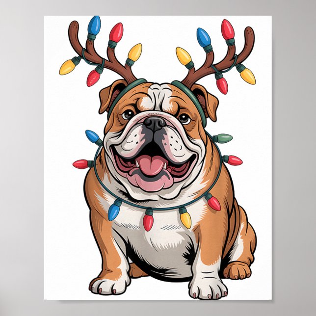 Santa English Bulldog Reindeer Light Christmas  Poster (Framsidan)