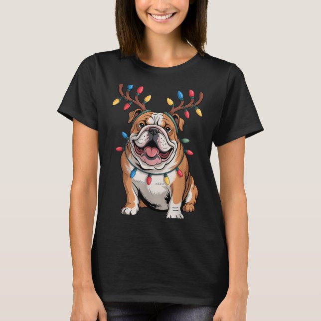 Santa English Bulldog Reindeer Light Christmas  T Shirt (Framsida)