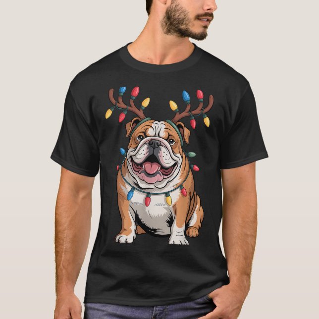 Santa English Bulldog Reindeer Light Christmas  T Shirt (Framsida)