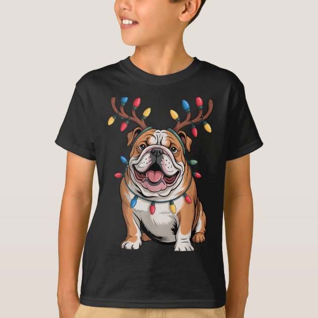 Santa English Bulldog Reindeer Light Christmas  T Shirt (Framsida)