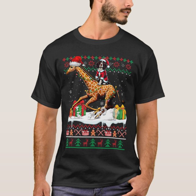 Santa English Springer Spain Riding Giraffe Julaft T Shirt (Framsida)