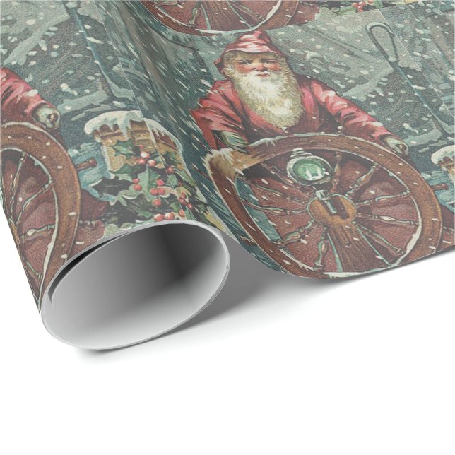 Santa-fartyg båt snöstorm julgran nautisk presentpapper (Rullad Hörn)