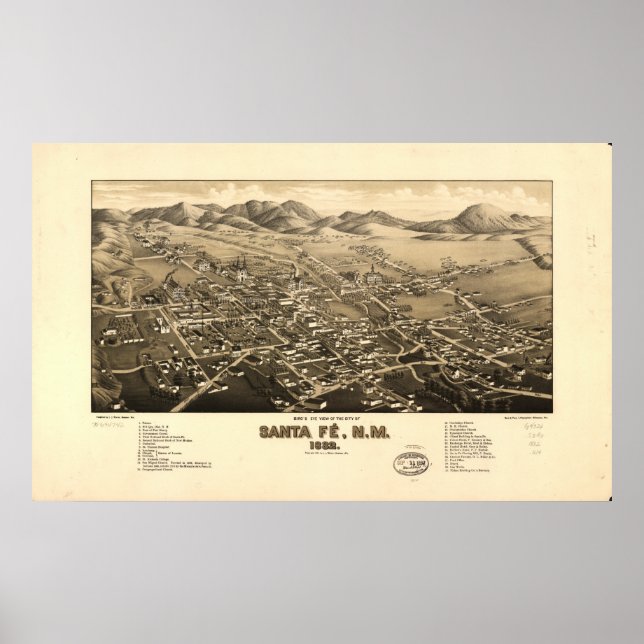 Santa Fe New mexico 1882 Antique Panoramic Karta Poster (Framsidan)