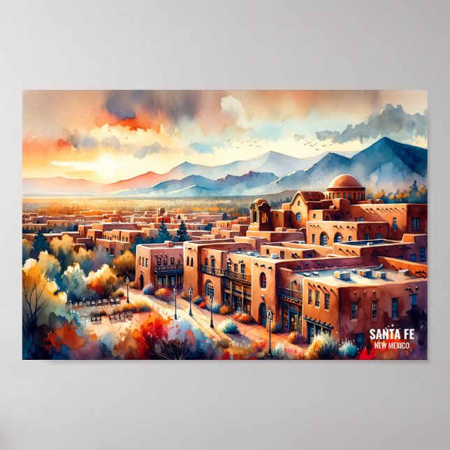 Santa Fe New mexico USA Travel Ställe vattenfärg Poster (Framsidan)