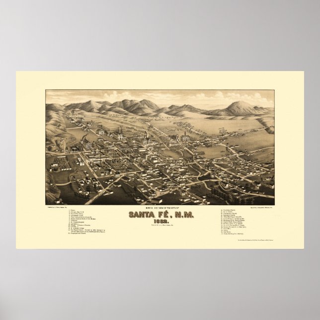 Santa Fe, NM Panoramic Karta - 1882 Poster (Framsidan)