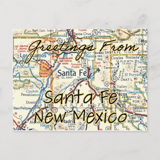 Santa Fe NM Vintage Map Vykort (Framsida)