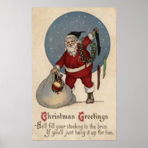 Santa Filling Stocking to Brim Poster