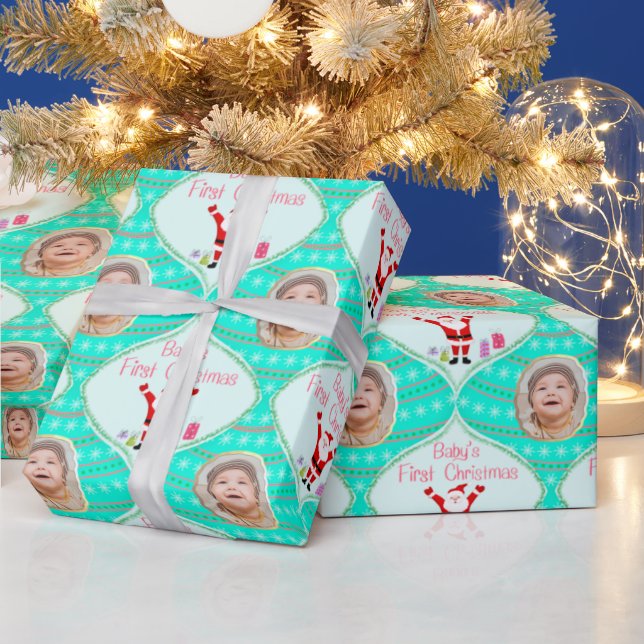 Santa firar barnets första jul fotot presentpapper (Helgdagar)