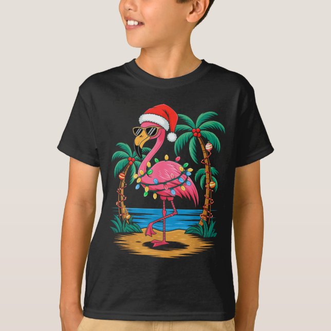 Santa Flamingo Christmas Lights Trocal Palms Tree  T Shirt (Framsida)