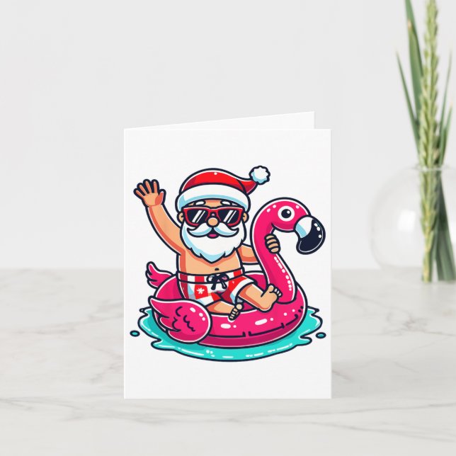 Santa Flamingo Floatie Beach Funny jul in Ju Kort (Framsida)