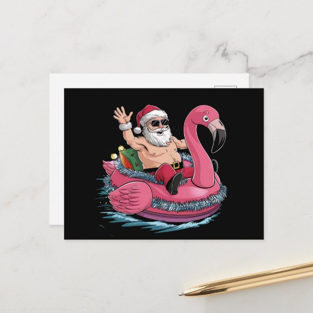Santa Flamingo Floatie jul i juli, sommaren Vykort (Fram/Back In Situ)