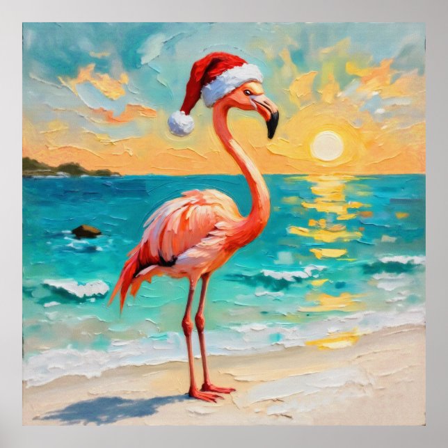 Santa Flamingo på stranden Poster (Framsidan)