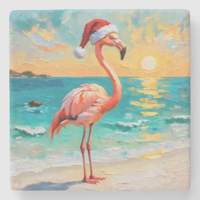 Santa Flamingo på stranden Stenunderlägg (Framsidan)