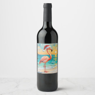 Santa Flamingo på stranden Vinflaska Etikett