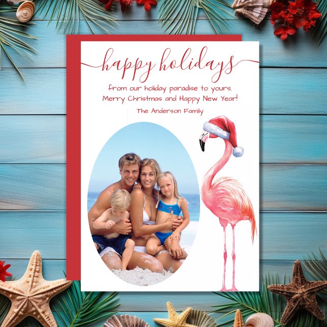 Santa Flamingo PHOTO Tropical Beach-jul Julkort (Santa Flamingo PHOTO Tropical Beach Christmas Holiday Card)
